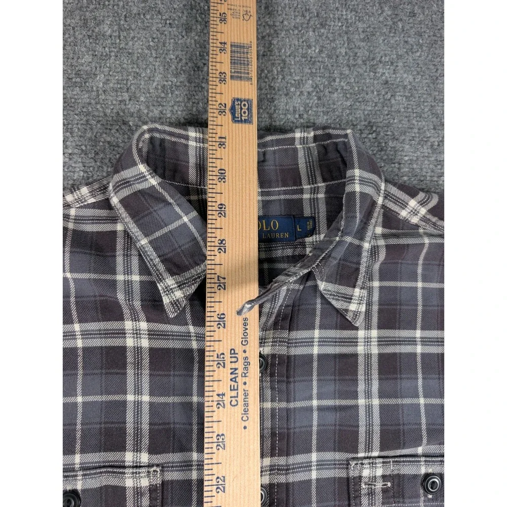 Polo Ralph Lauren Work Shirt Mens‎ Large Gray Plaid Pockets Throat Latch
